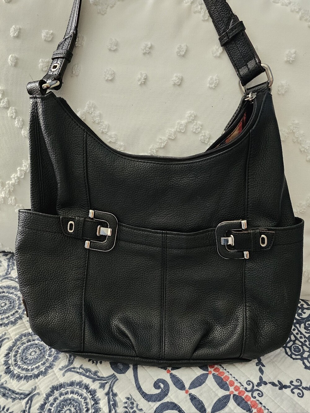 FINAL...Tignanello Black Pebbled Leather Hobo with Silver Buckle Accents